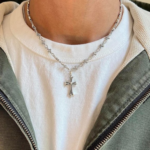 y2k grunge chrome color silver cross pendant necklace - Picture 1 of 8